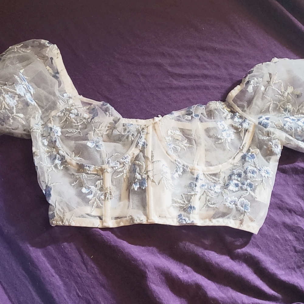 Sexy Blue & White Floral Mesh Corset Blouse Top M